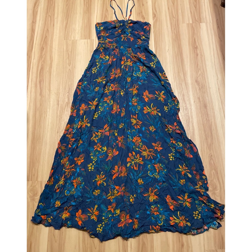 Free People Women Maxi Dress Floral Halter Keyhole Side Slit Small Navy Blue